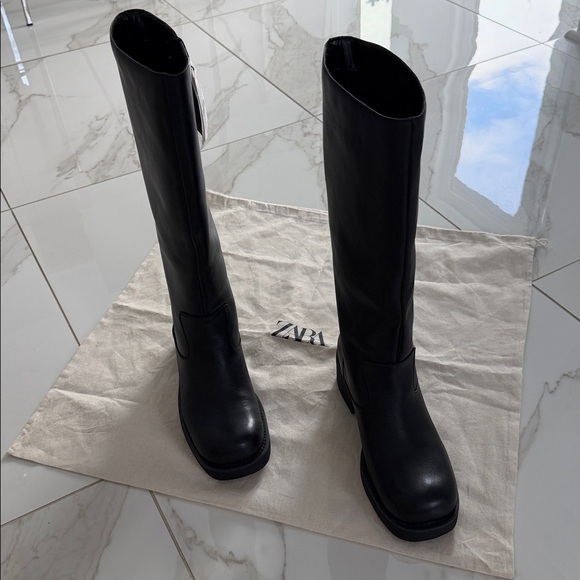 NWT ZARA REAL LEATHER Moto Boots Rounded Square Toe Water Repellent Size 8/38 - Picture 4 of 14